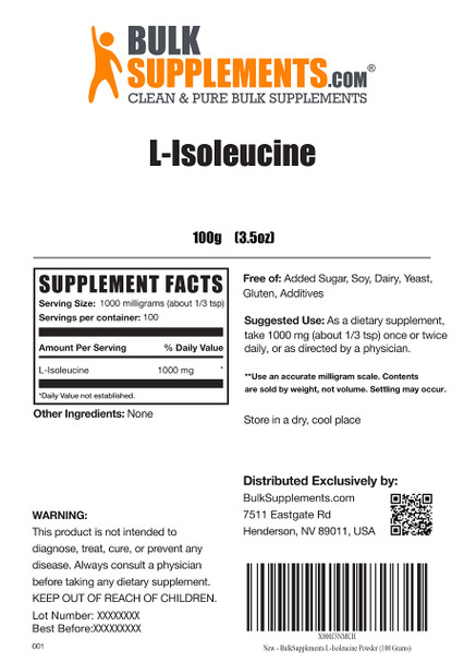 BulkSupplements L-Isoleucine Powder - Amino s for Immune Support, BCAA Supplement - Unflavored,  - 1000mg  (100 Grams - 3.5 oz)