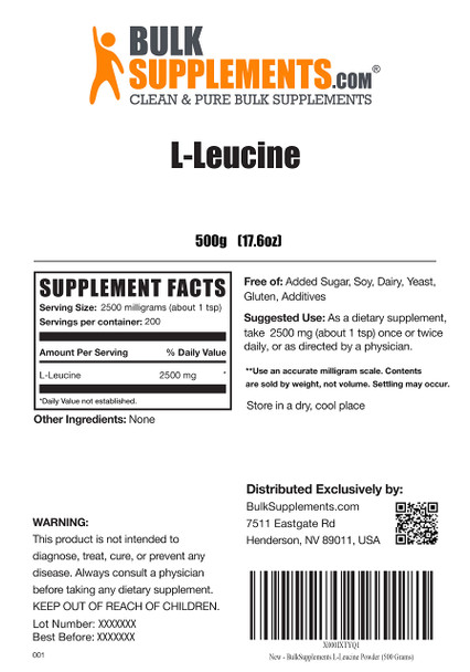 BulkSupplements L-Leucine Powder - Leucine Supplements for Muscle Endurance, BCAA Supplement - Amino  Powder - 2500mg of L-Leucine Powder  -  (500 Grams - 1.1 lbs)