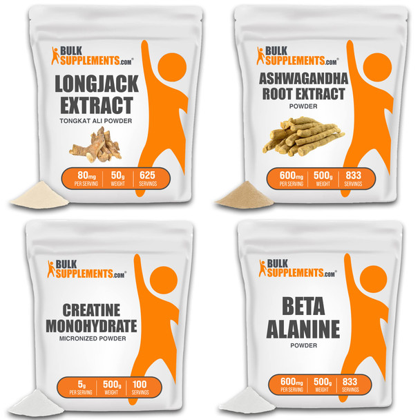 BulkSupplements Longjack Extract Powder (50g), with Ashwagan Root Extract Powder (500g), Creatine Monohydrate Powder (Micronized) (500g), & Beta Alanine Powder (500g) Bundle