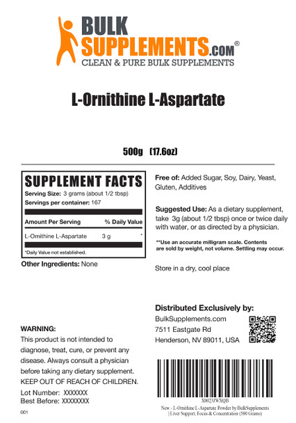 BulkSupplements L-Ornithine L-Aspartate Powder - Amino s Supplement for Liver Health - , 3g (3000mg) , 167 Servings (500 Grams - 1.1 lbs)