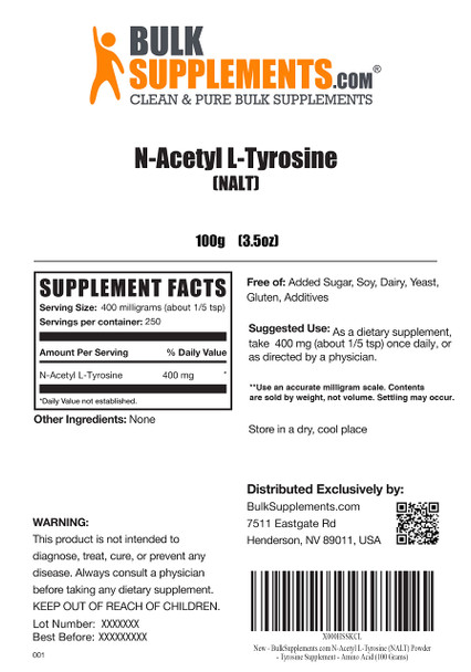 BulkSupplements N-Acetyl L-Tyrosine (NALT) Powder - Tyrosine Supplement - Amino Focus - L- Tyrosine - L Tyrosine Powder - L-Tyrosine Supplement (100 Grams - 3.5 oz)