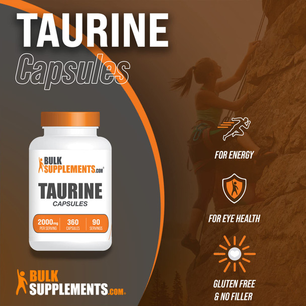 BulkSupplements Taurine Capsules - Taurine Supplement, Amino  Supplement - 4 Taurine 500mg Capsules  (2000mg), Taurine Pills - 90-Day Supply (360 Capsules)