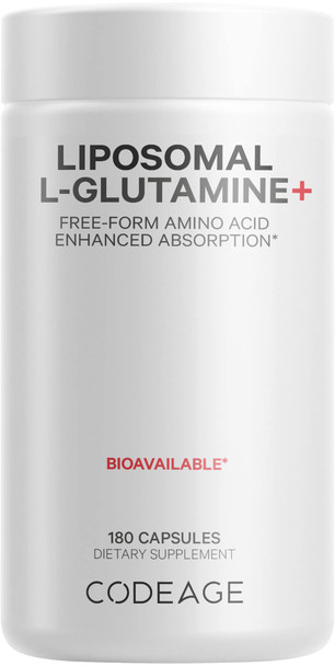 Codeage L-Glutamine 1000mg Supplement, Free-Form Amino  Glutamine, Liposomal Delivery for Enhanced Absorption, 3-Month Supply, Vegan & Non-GMO, Gut Health, Immune, Muscles Support, 180 Capsules