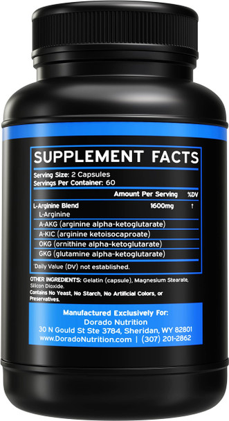 L Arginine 1600mg Supplement - (120 Capsules) - Nitric Oxide Complex - [Maximum Strength] - Stamina, Muscle, Vascularity & Energy - Powerful NO Booster - Gluten Free, Non-GMO - (120 Count)