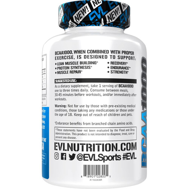 BCAAs Amino s Supplement for Men - EVL 2:1:1 5g BCAA Capsules for Post Workout Recovery and Lean Muscle Builder for Men - BCAA1000 Branched Chain Amino s Nutritional Supplement - 30 Servings