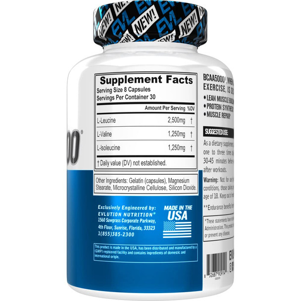 BCAAs Amino s Supplement for Men - EVL 2:1:1 5g BCAA Capsules for Post Workout Recovery and Lean Muscle Builder for Men - BCAA5000 Branched Chain Amino s Nutritional Supplement - 30 Servings