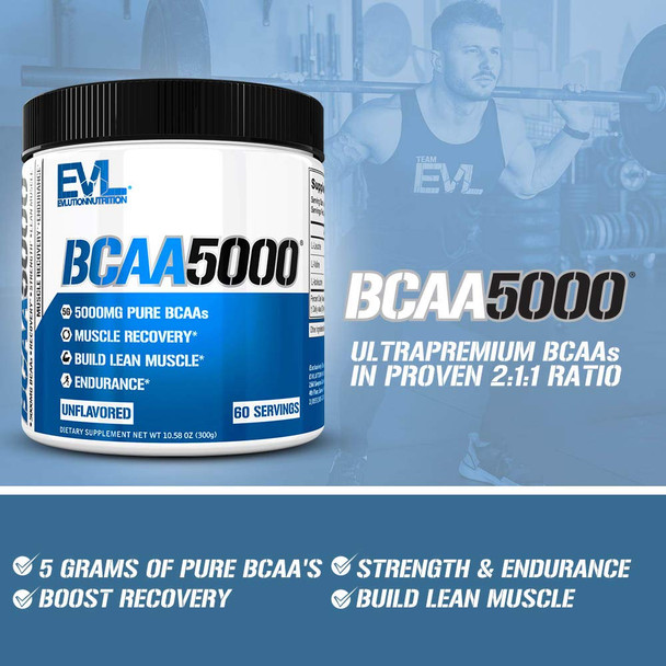 Evlution EVL BCAAs Amino s Powder - BCAA Powder Post Workout Recovery Drink and Stim Free Pre Workout Energy Drink Powder - 5g Branched Chain Amino s Supplement for Men - Unflavored Powder