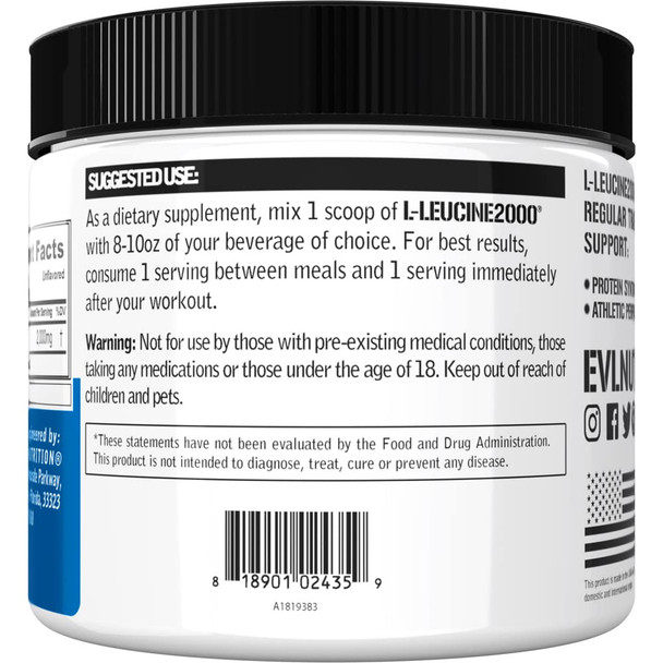 Evlution Nutrition L-Leucine2000, 2000mg of Pure L-Leucine in Each Serving, Protein Synthesis, Recovery, Vegan, Gluten-Free, Unflavored Powder (100 Servings)