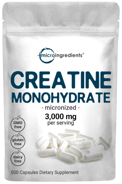Creatine Monohydrate 3000mg Capsules, 500 Count | Pure Creatine Pills - Micronized + Unflavored Powder Source, Easy Absorption | Pre Workout & Muscle Health Support | Keto, Vegan, Non-GMO