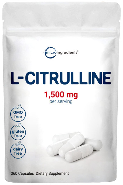 Micro Ingredients L Citrulline Capsules, 1500mg , 360 Counts, Citrulline Pre-Workout Supplement, Non-GMO