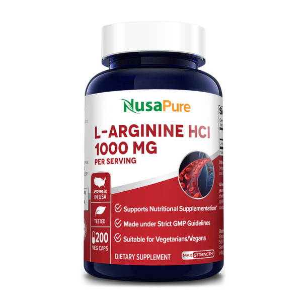L-Arginine 1000 mg 200 Veggie Capsules (Non-GMO, Vegetarian & )