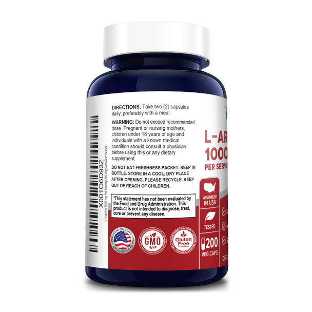 L-Arginine 1000 mg 200 Veggie Capsules (Non-GMO, Vegetarian & )