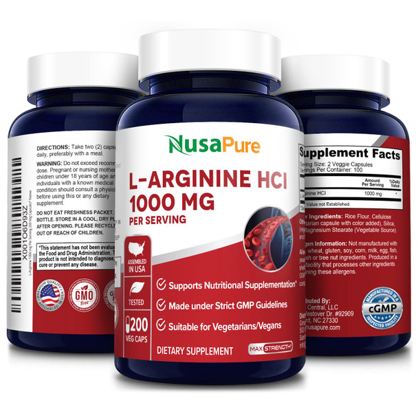 L-Arginine 1000 mg 200 Veggie Capsules (Non-GMO, Vegetarian & )