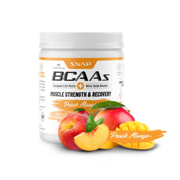 Snap BCAA Powder Essential Amino Supplement with Nitric Oxide Booster - Pre Workout Powder, Recovery Supplements Post Workout, Muscle Strength, BCAA for Women & Men (30 Servings) (Peach Mango)