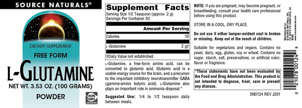 Source s L-Glutamine, Free Form Amino  That Supports Metabolic Energy* - 100 Grams Powder