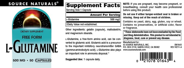 Source s L-Glutamine, Free Form Amino  That Supports Metabolic Energy*, 500mg - 50 Capsules