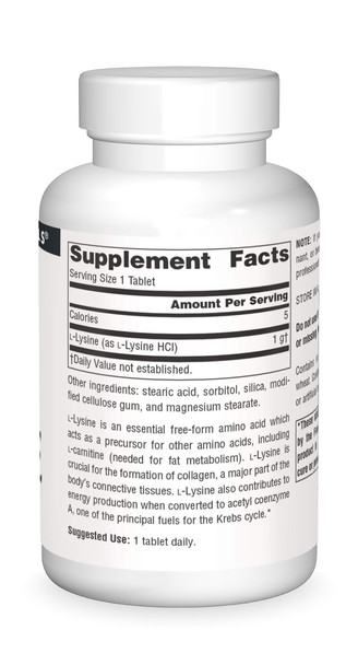 Source s L-Lysine 1000 mg Free Form - Amino  Supplement Supports Energy Formation & Collagen - 50 Tablets