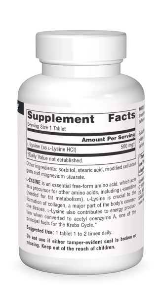 Source s L-Lysine 500 mg Free Form -Amino  Supplement Supports Energy Formation & Collagen - 50 Tablets