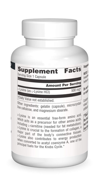 Source s L-Lysine Free Form -Amino  Supplement Supports Energy Formation & Collagen - 100 Capsules