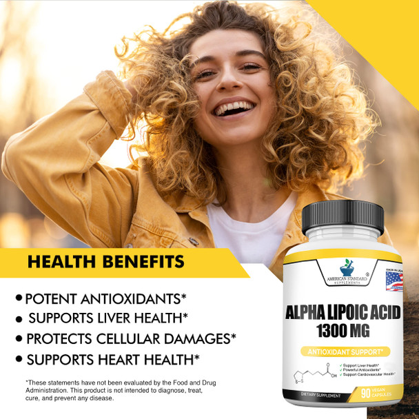 Alpha Lipoic  1300mg , ALA, Supports Glutathione Production, Supports Cardiovascular Health & Liver Health, Supports Overall Health, Powerful Antioxidants, 90 Vegan Capsules