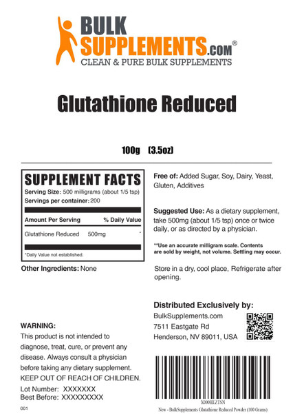 BulkSupplements Glutathione Reduced Powder (Reduced Glutathione) - for Antioxidant & Liver Support - , Soy Free - 500mg  (100 Grams - 3.5 oz)