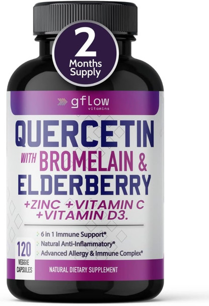 Quercetin with Vitamin C and Zinc - Quercetin 500mg - Quercetin with Bromelain - Zinc Quercetin - 120 Veggie Caps - Elderberry with zinc and Vitamin c for Adults (Non-GMO, Vegan) 2 Months Supply