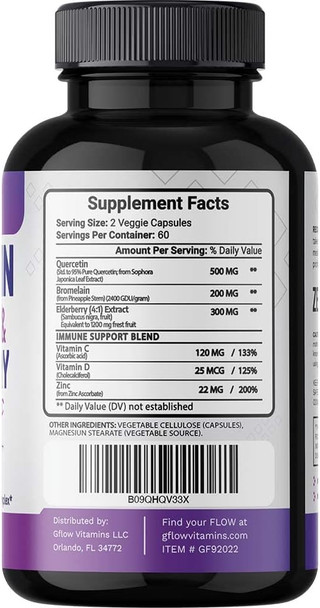 Quercetin with Vitamin C and Zinc - Quercetin 500mg - Quercetin with Bromelain - Zinc Quercetin - 120 Veggie Caps - Elderberry with zinc and Vitamin c for Adults (Non-GMO, Vegan) 2 Months Supply