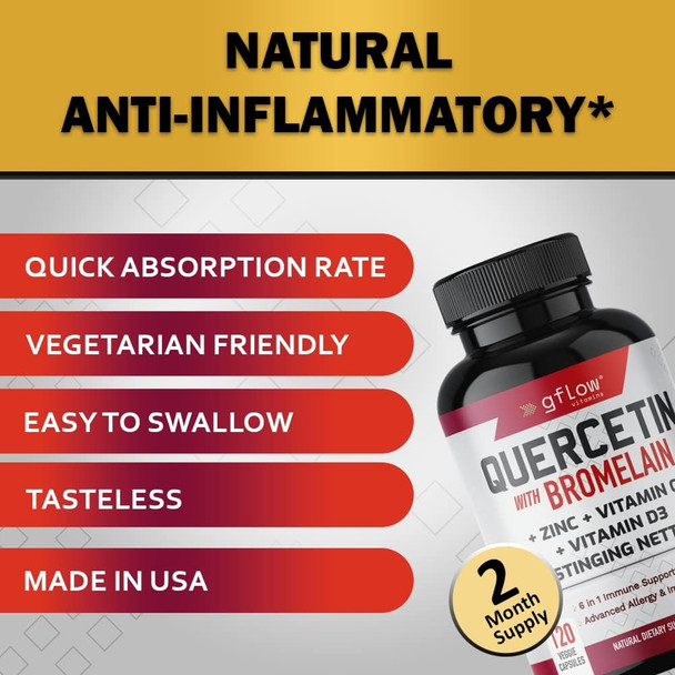 Quercetin with Vitamin C and Zinc - Quercetin 500mg - Quercetin with Bromelain - Zinc Quercetin - Stinging Nettle -120 Veggie Caps. Quercetin Supplements + Vitamin D3 (Non-GMO, Gluten-Free, Vegan)