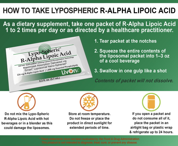 LivOn Laboratories LypoSpheric RAlpha Lipoic  - 30 Packets  226 mg R-ALA Per Packet - Liposome Encapsulated for Improved Absorption - 100% Non-GMO