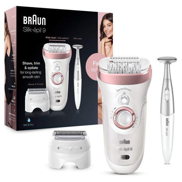 Braun Silk-épil 9-890 Epilator for Long-Lasting Hair Removal Includes a Bikini Styler High Frequency Massage Cap Shaver and Trimmer Head Cordless Wet and Dry Epilation for Women, 2 Pin Plug