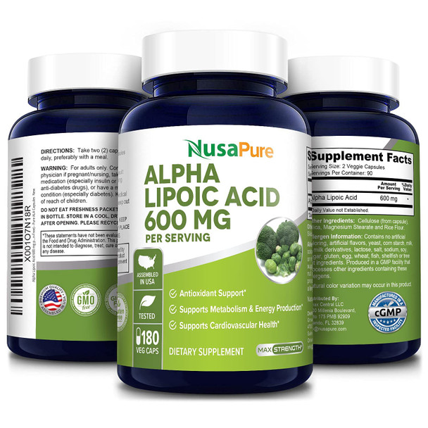 Alpha Lipoic  600 mg  180 Veggie Capsules (Vegetarian, Non-GMO & Gluten-Free) - 300 mg per Capsule