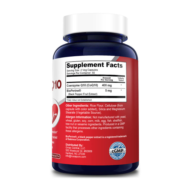NusaPure  400 mg 100 Veggie Caps (Vegan, Non-GMO & Gluten-Free)  Q10 Supplement, Antioxidant COQ-10 Enzyme, Coq 10 -  2 Daily Caps