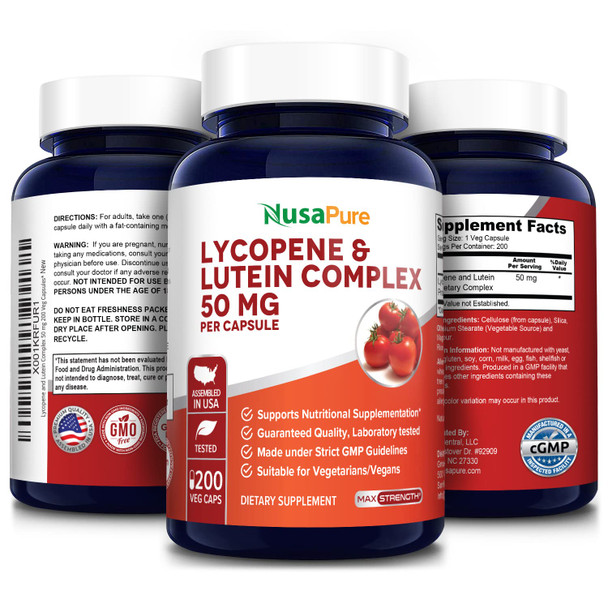 NusaPure Lycopene & Lutein Complex 50mg per caps 200 Veggie Capsules (Non-GMO & )