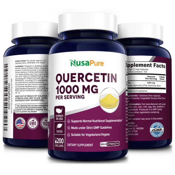 NusaPure Quercetin 1000 mg - 200 Veggie Caps (Non-GMO,Gluten-Free, Vegetarian)