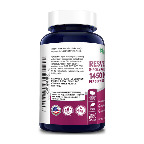 NusaPure Resveratrol & Polyphenol Complex 1450 mg 180 Vegetarian Caps (Non-GMO & ) Vitamin C