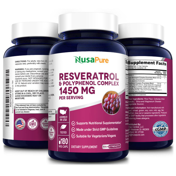 NusaPure Resveratrol & Polyphenol Complex 1450 mg 180 Vegetarian Caps (Non-GMO & ) Vitamin C