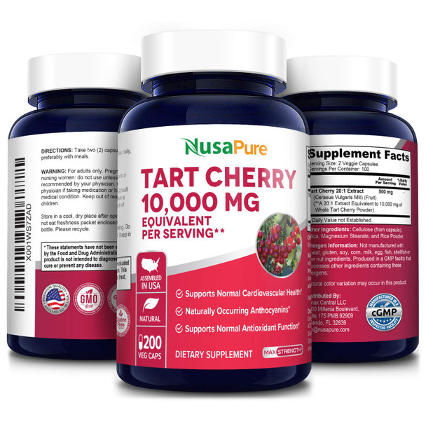 NusaPure Tart Cherry 10,000mg - 200 Veggie Caps (Vegan, Non-GMO & Gluten-Free) ly Occurring Anthocyanins*