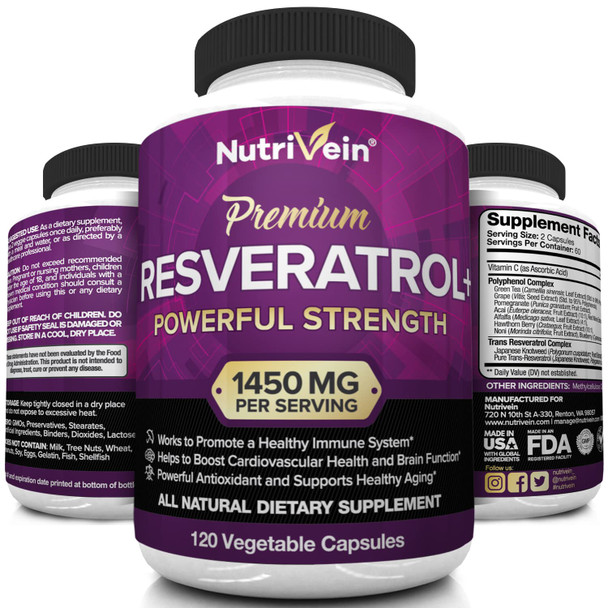 Nutrivein Resveratrol 1450mg - Antioxidant Supplement 120 Capsules € Supports Healthy Aging and Promotes Immune, Brain Boost and Joint Support - Made with -Resveratrol, Green Tea Leaf, Acai Berry