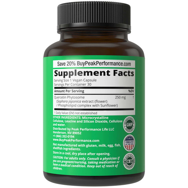 Peak Performance Quercetin Phytosome Vegan Capsules - Pure Quercetin Rich Sophora Japonica Extract for Max Absorption.