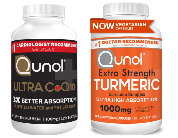 Qunol Ultra  100mg & Turmeric Curcumin Capsules 1000mg 3X Better Absorption Patented Water and Fat Soluble  Supplement Form of  Q10 Joint Support Dietary Supplement 120 Count Each