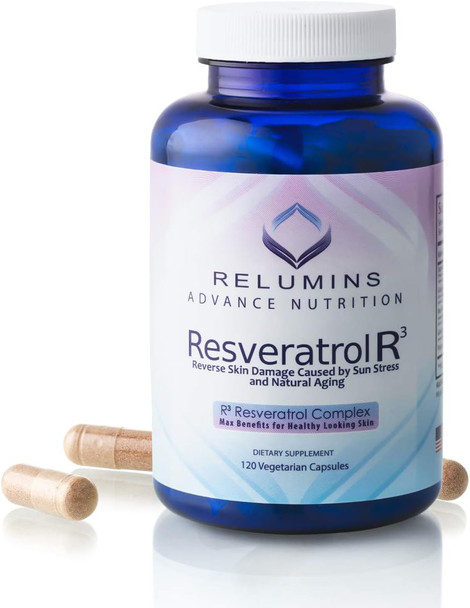 Relumins Resveratrol R3, Helps Reverse Natural Aging 120 capsules - 600mg Resveratrol per 2 Capsule Serving!