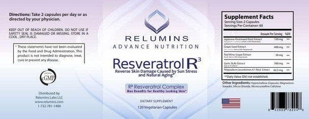 Relumins Resveratrol R3, Helps Reverse Natural Aging 120 capsules - 600mg Resveratrol per 2 Capsule Serving!