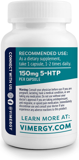 Vimergy 5-HTP Capsules, 60 Servings  Healthy Mood & Stress Support Supplement  Promotes Healthy Levels of Serotonin for Stress Management, Vegan, Non-GMO, Gluten-Free, Grain-Free, & Paleo