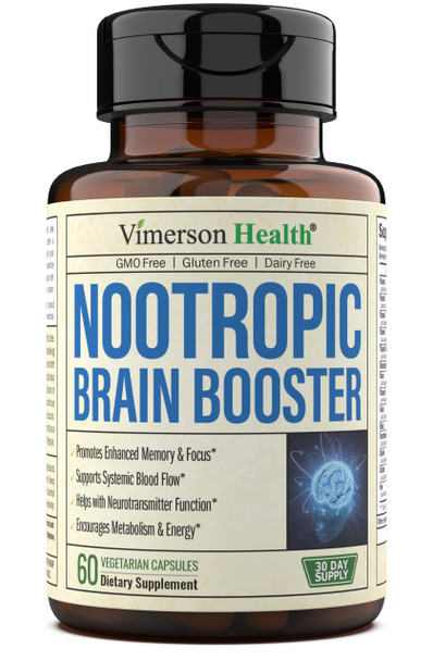 Nootropic Brain Booster  Relief with Copper & Vitamin C - Dietary Supplement -for Mental Performance - Energy, Focus, and Memory Support - Gluten & GMO Free - 60 Vegan Capsules