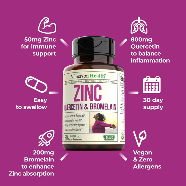 Zinc Quercetin Bromelain Supplement - Immune, Respiratory and Antioxidant Support. Cardiovascular Health - 100% Vegan, Non-GMO, , Dairy Free & Soy Free - 60 Capsules for One Month Supply
