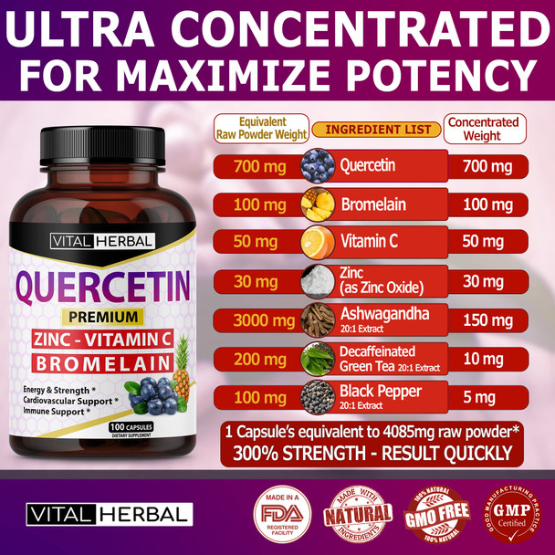 Ultra Quercetin High Purity 98% with Bromelain Capsules - Equivalent to 4085 mg Powder - Maximum Strength with Ashwagan - Supports Overall Health Strength Energy (100 Counts)