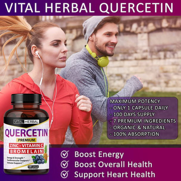 Ultra Quercetin High Purity 98% with Bromelain Capsules - Equivalent to 4085 mg Powder - Maximum Strength with Ashwagan - Supports Overall Health Strength Energy (100 Counts)