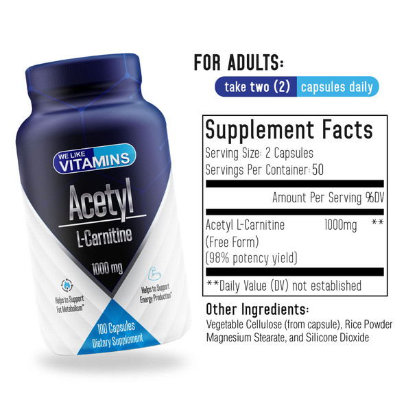 We Like Vitamins Acetyl L-Carnitine 1000mg Capsules - 100 Easy to Swallow Veggie Capsules - Acetyl l Carnitine Supplement Helps Support Focus, Brain Function, and Energy