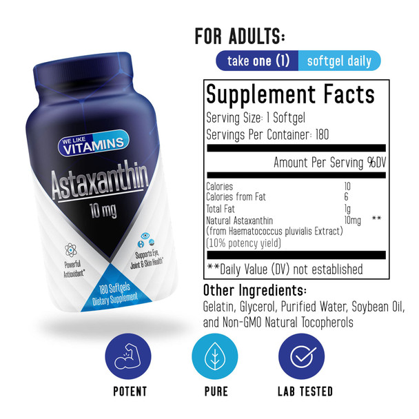 We Like Vitamins Astaxanthin 10mg Softgel - 180 Soft gels - Astaxanthin Supplement 6 Month Supply Antioxidant Helps Support Exercise Recovery, Eye, Joint, Skin Health