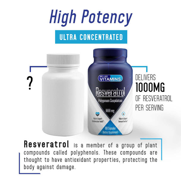 We Like Vitamins Resveratrol 1000mg  - 180 Easy to Swallow Veggie Capsules -  Resveratrol Supplement 1000mg - Antioxidant Supplement Helps Support Anti-Aging and Immune System